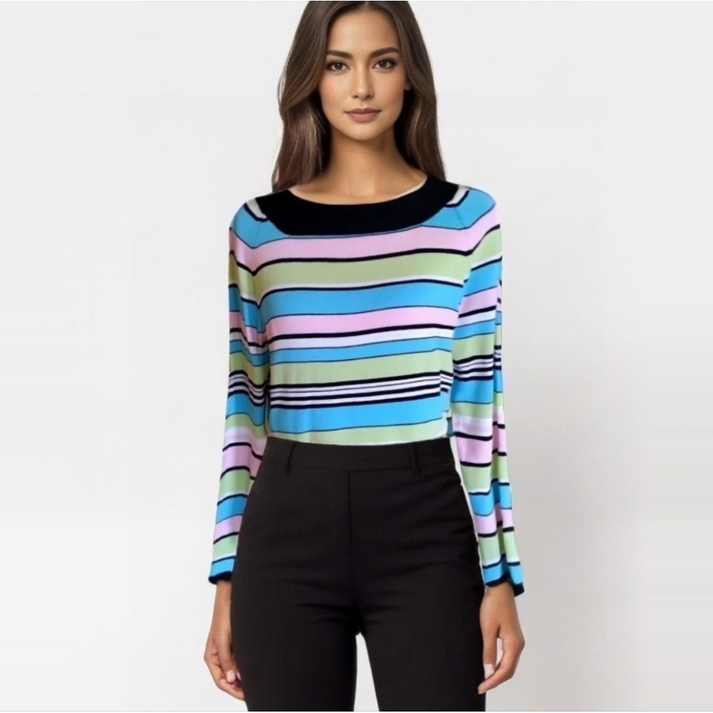 CDP & CO 90s Pastel Striped Boat Neck Knit Sweater XL Pink Blue Green Black Trim